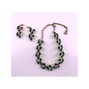 Vintage Green Aurora Borealis Crystal Rhinestone Statement Necklace Earrings Set